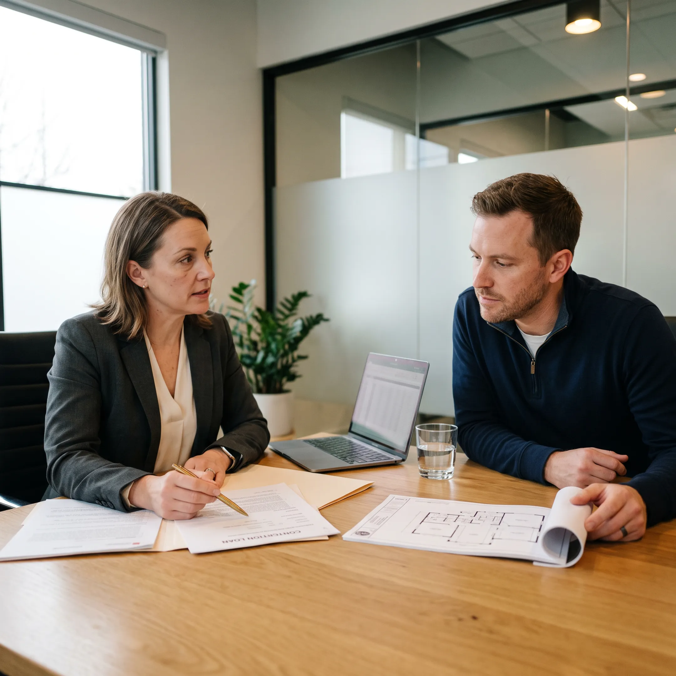 Advisor reviewing construction financing documents with a borrower at a desk