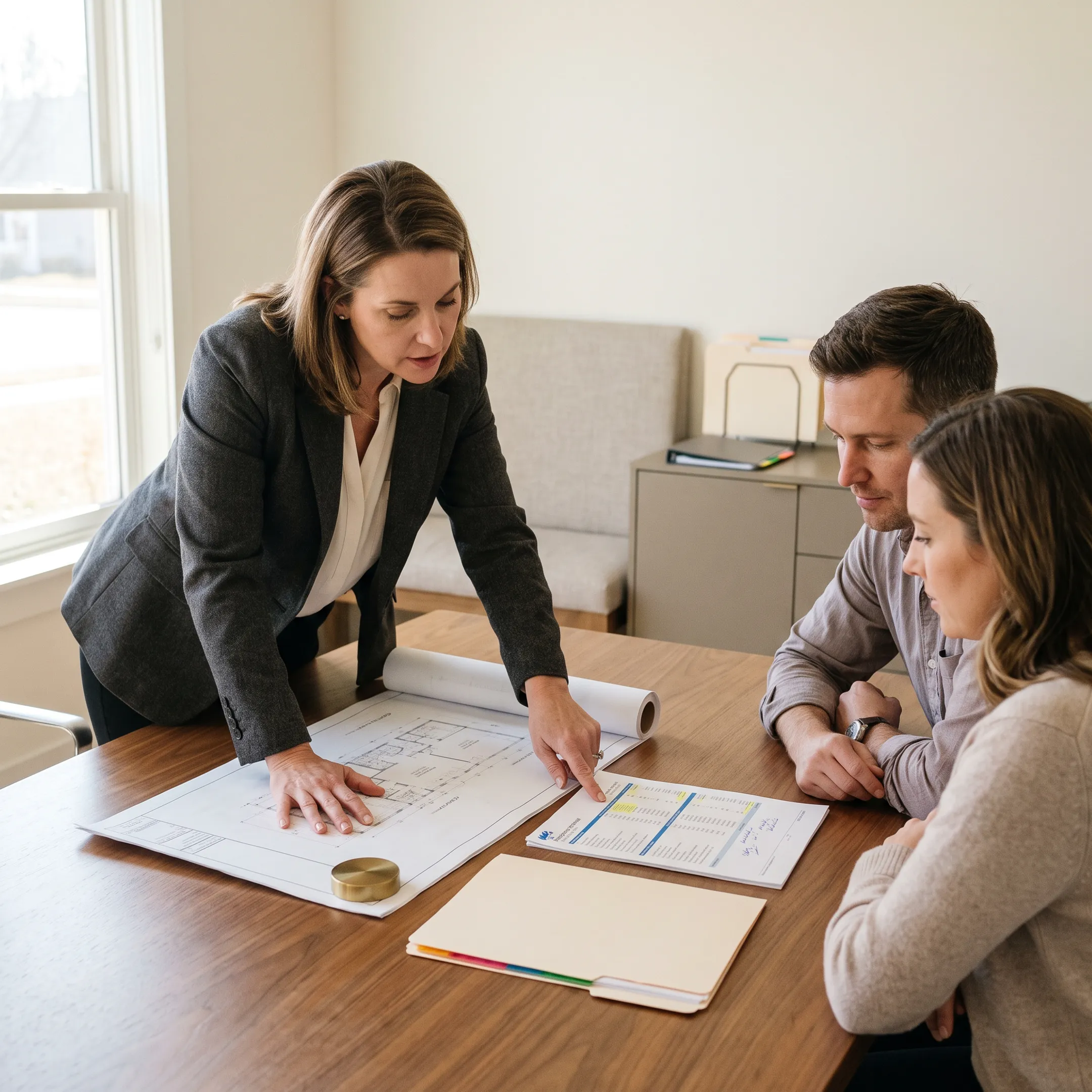 Mortgage professional explaining renovation loan options beside construction plans