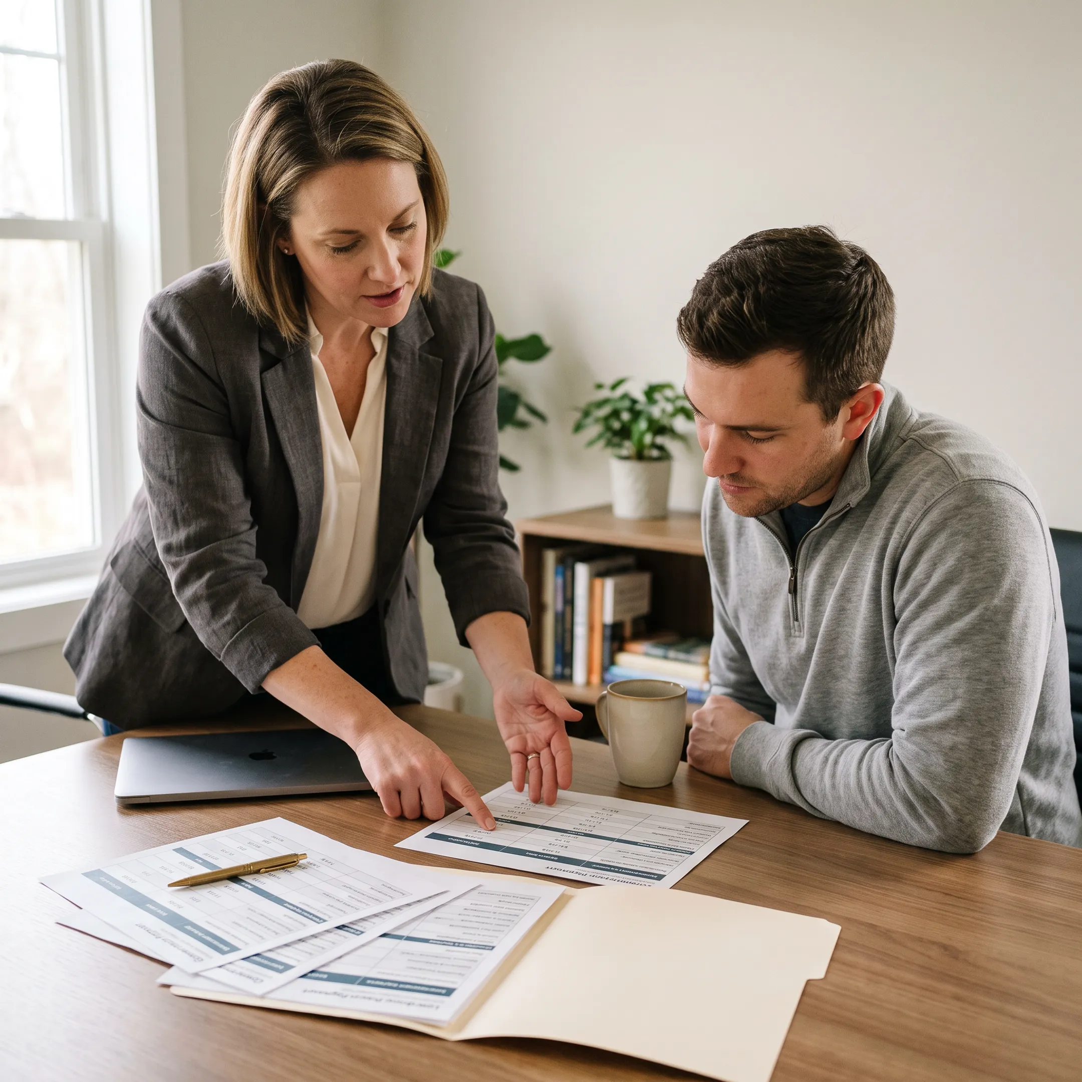 Homebuyer reviewing zero-down mortgage options with a loan advisor