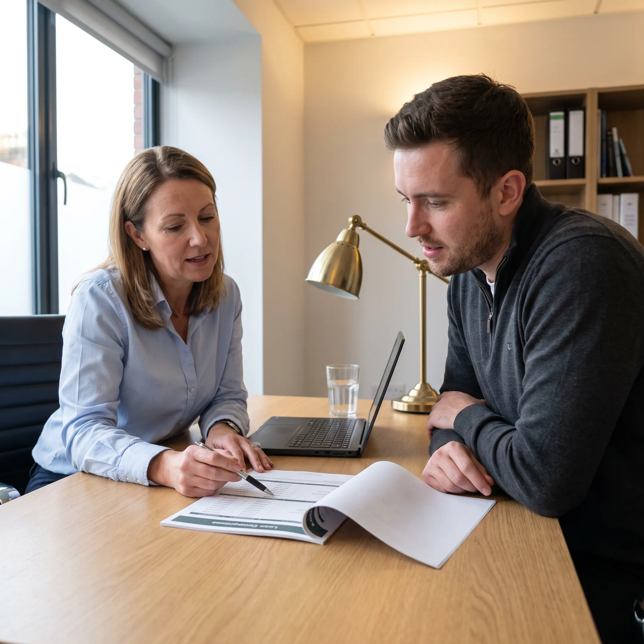Mortgage professional discussing zero-down home financing with a prospective buyer