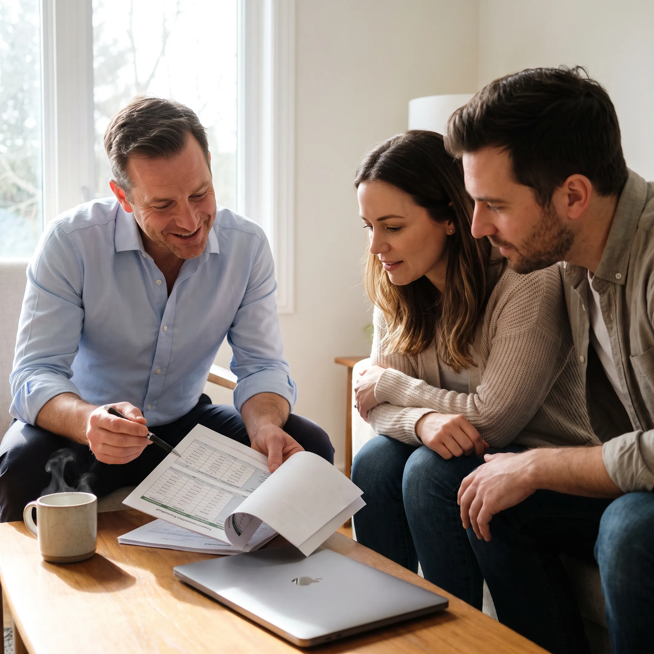 Mortgage broker reviewing first-time homebuyer documents at a home purchase consultation