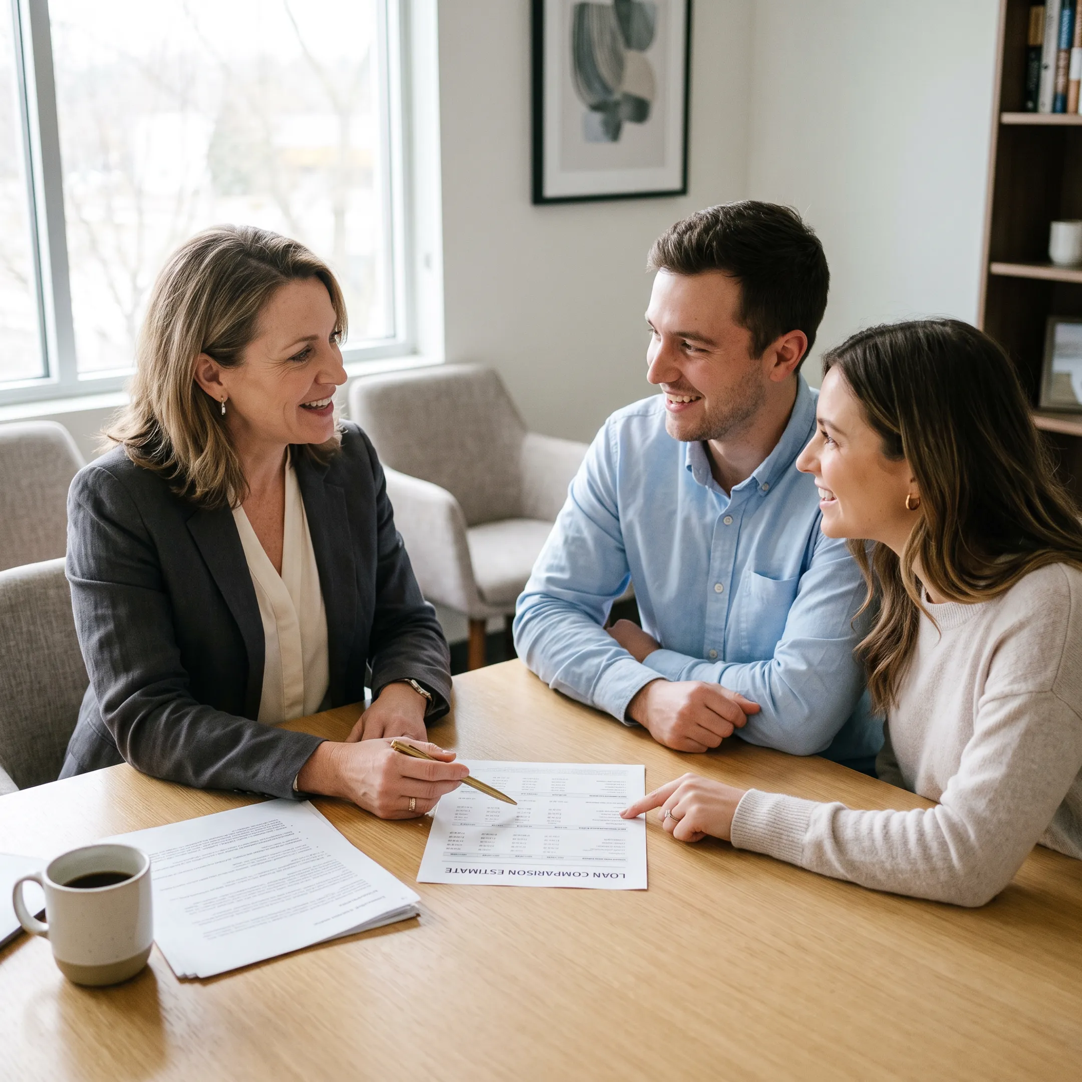 First-time homebuyers discussing mortgage options with a broker