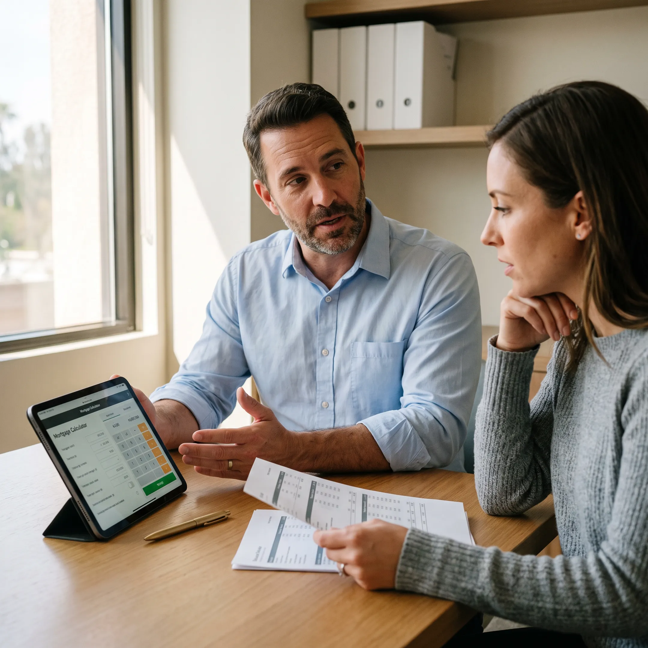 Mortgage advisor explaining home loan calculator results to a California buyer