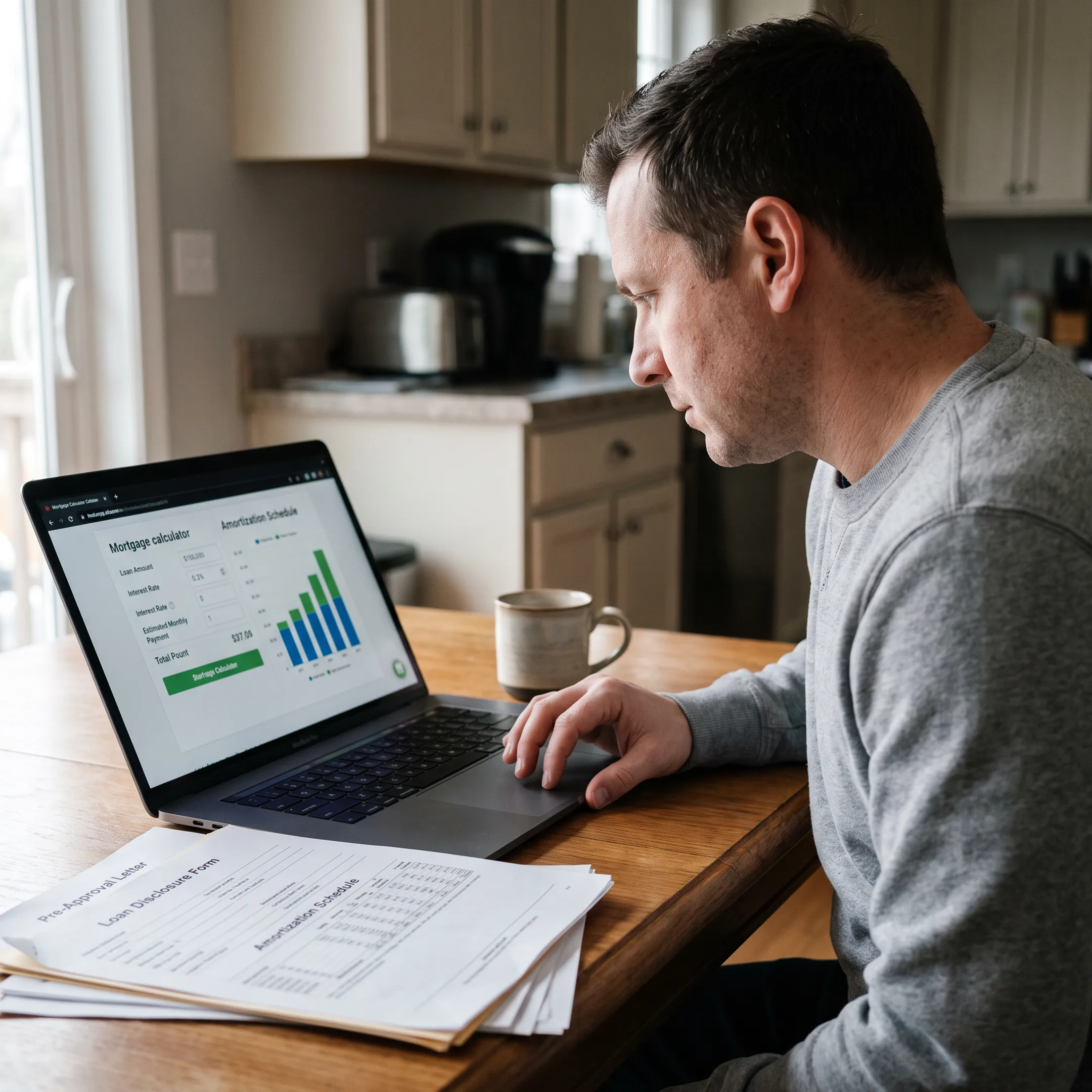 Homebuyer reviewing mortgage calculations with a laptop and financial documents