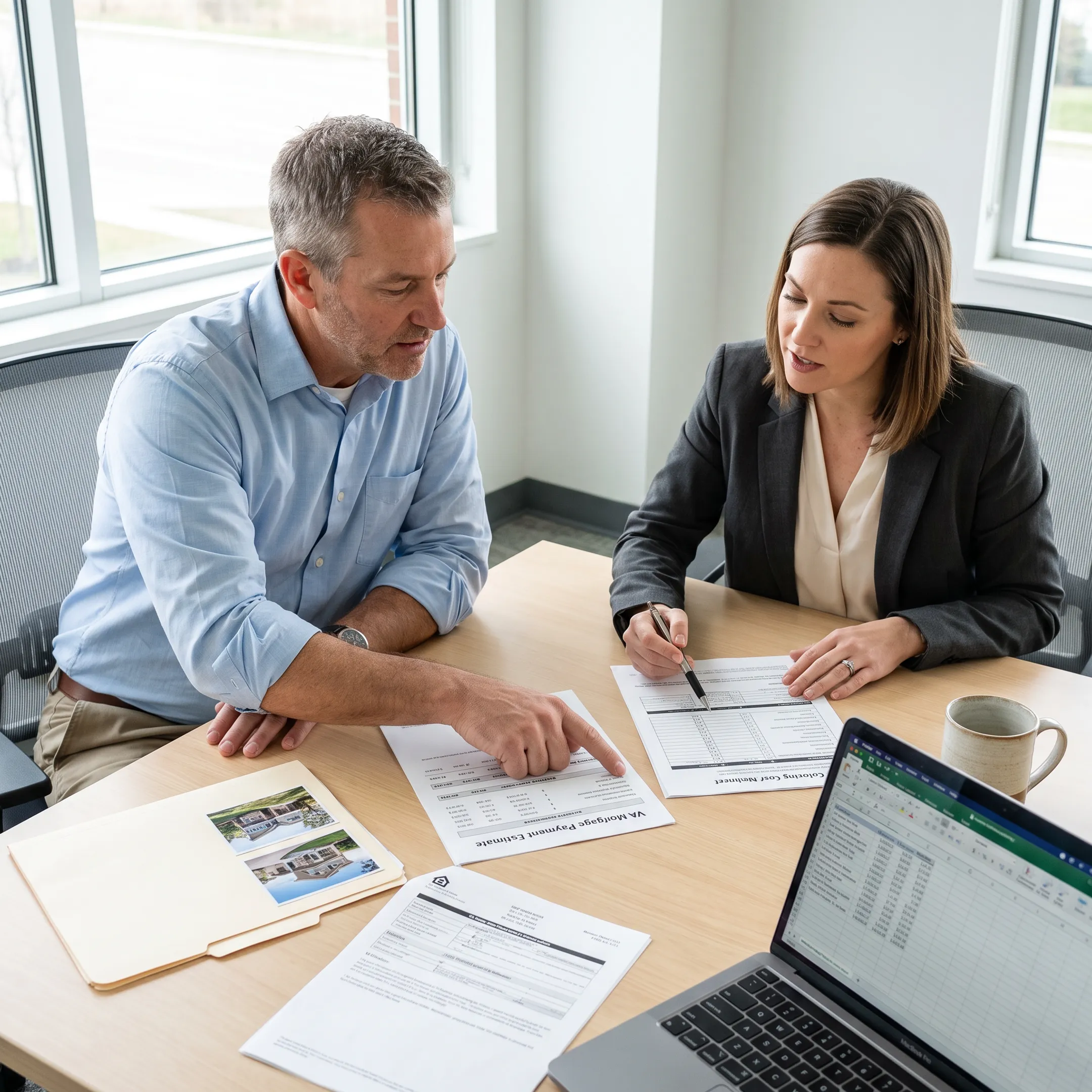 Homebuyer reviewing VA loan cost estimates with mortgage professional