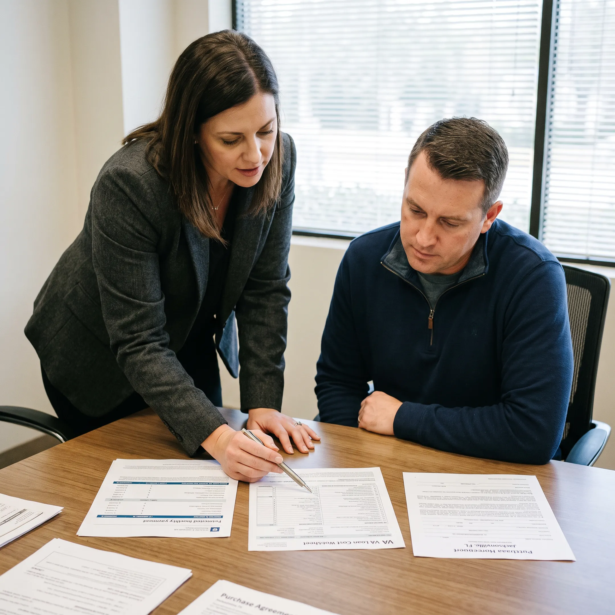 Mortgage advisor explaining VA loan cost worksheet to Jacksonville homebuyer
