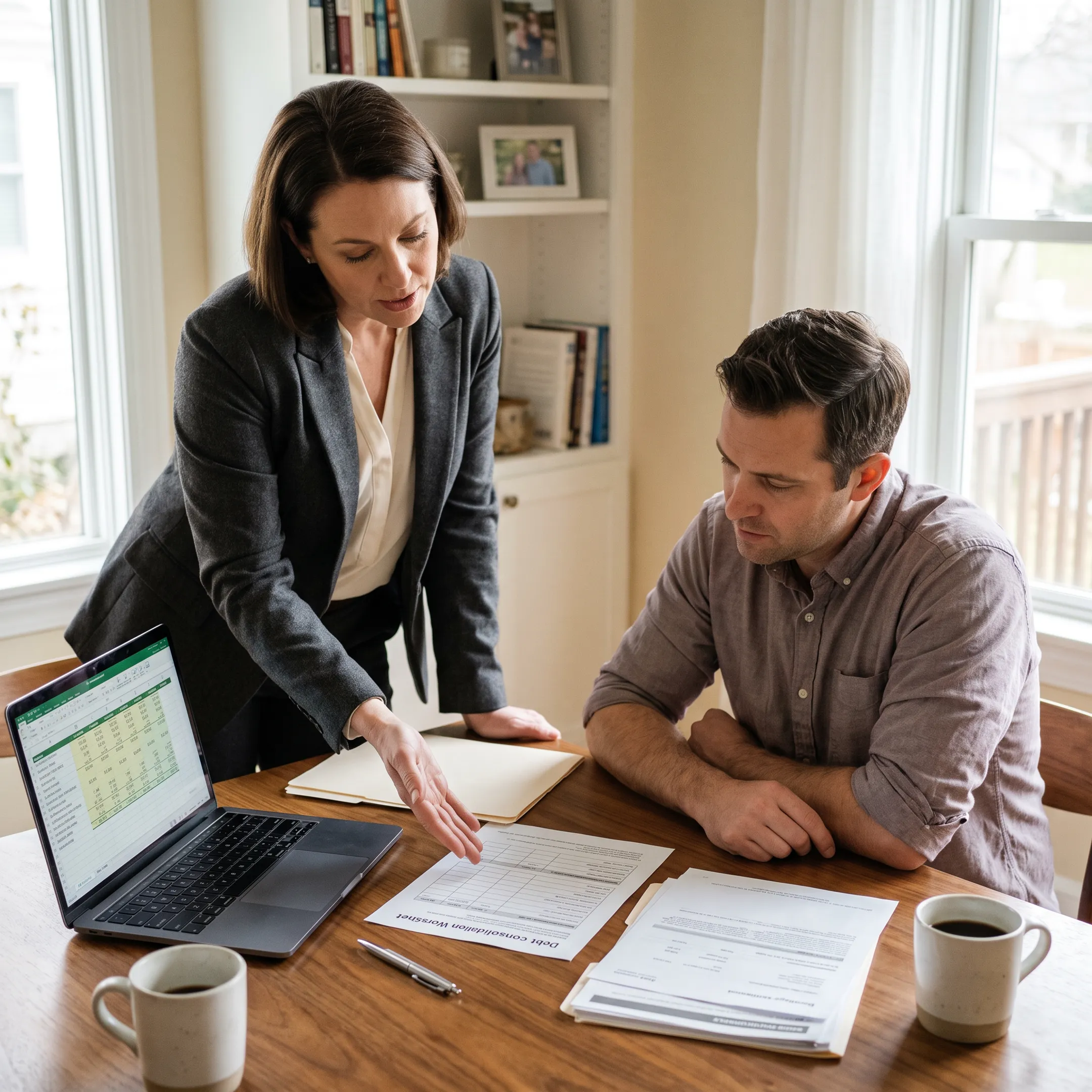 Homeowner discussing mortgage debt consolidation with a lending specialist