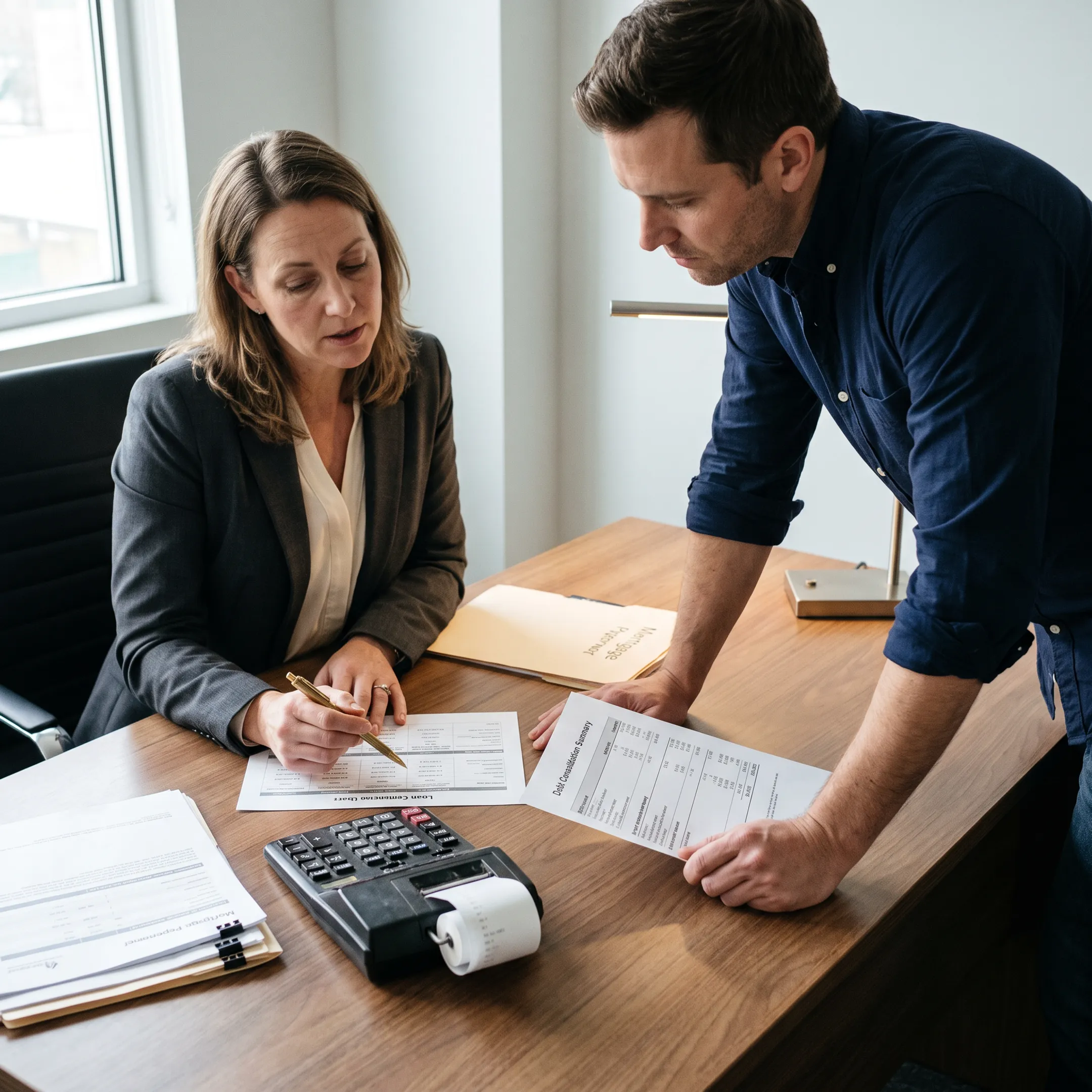 Mortgage advisor reviewing debt consolidation documents with a homeowner