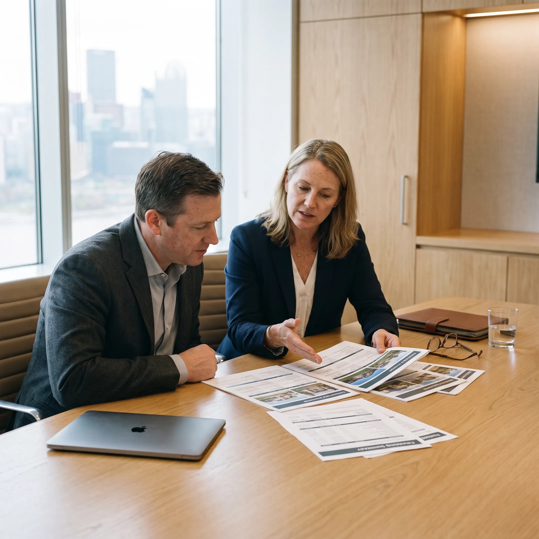 Real estate investor reviewing financing documents with a mortgage professional in Pittsburgh