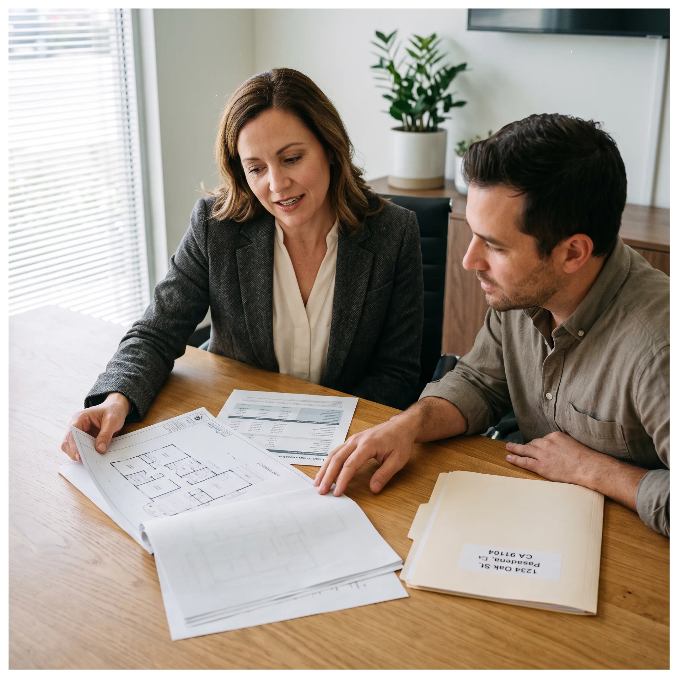 Mortgage advisor explaining construction financing options to California homeowner