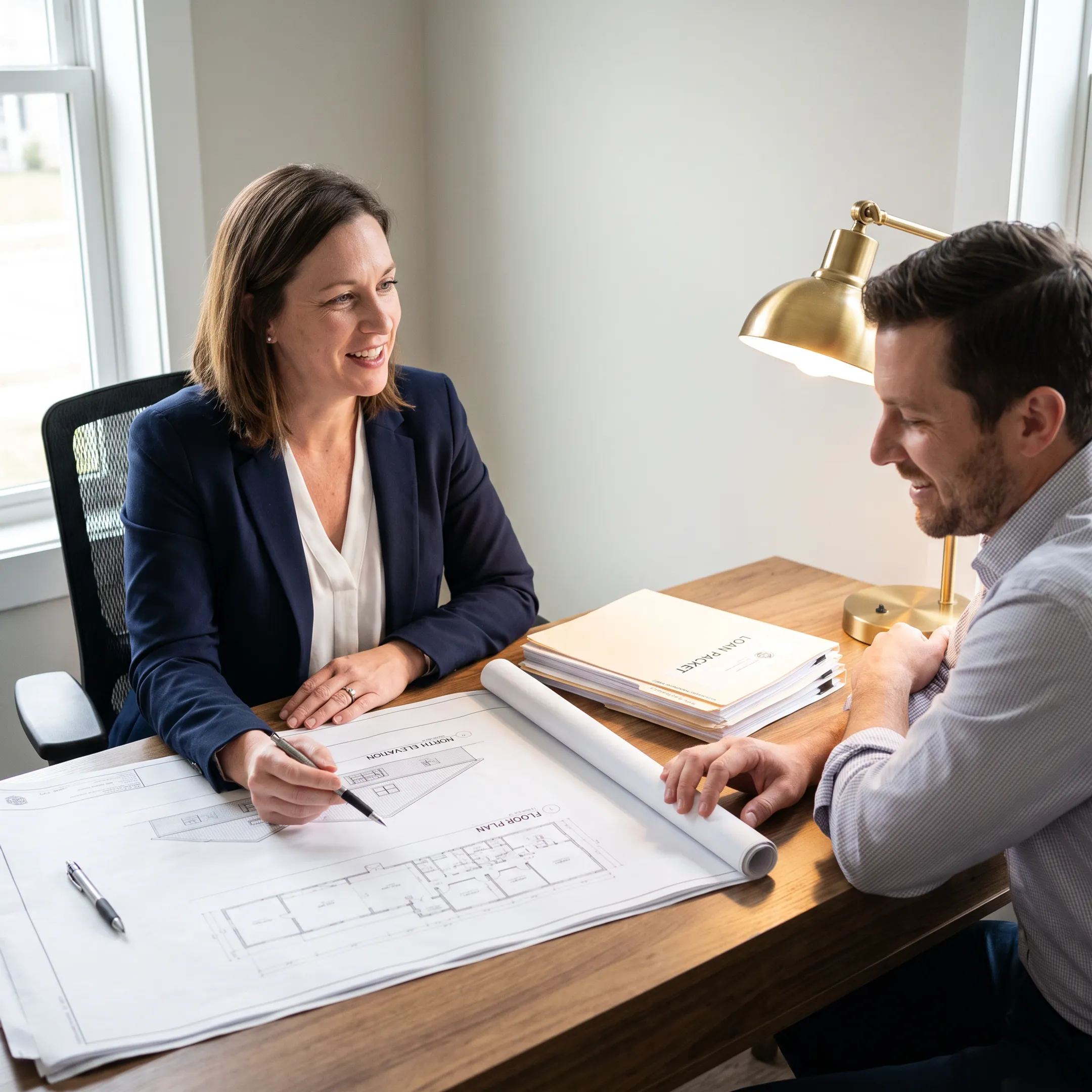 California homeowner reviewing construction loan documents with mortgage advisor