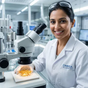 Quality control specialist inspecting omega-3 fish oil softgel production batch