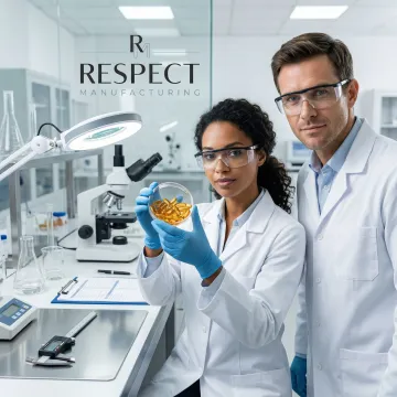 Pharmaceutical technicians inspecting softgel capsules in quality control laboratory