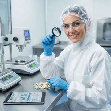 Quality control technician inspecting powder-filled capsules in CGMP facility