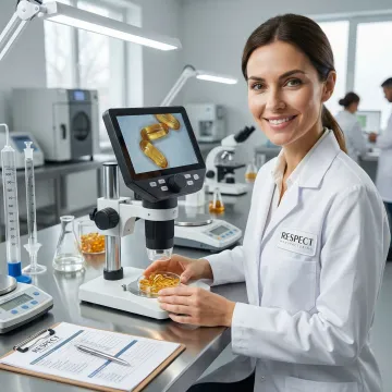 Technician inspecting vegetarian softgel quality in modern laboratory setting