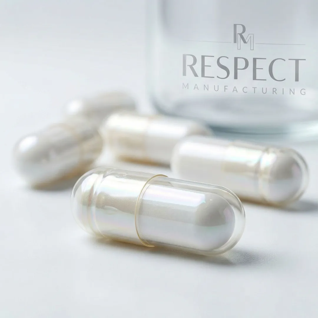 Close-up of enteric-coated capsules showing protective polymer coating layers