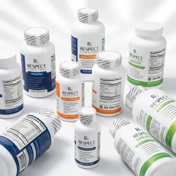 Variety of supplement bottles with custom labels and professional packaging