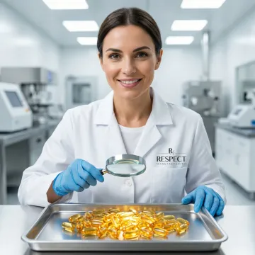 Technician inspecting quality of golden oil-filled capsules in laboratory setting