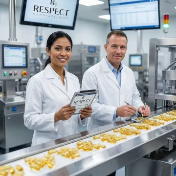Pharmaceutical technicians inspecting softgel capsules on production line with quality control equipment