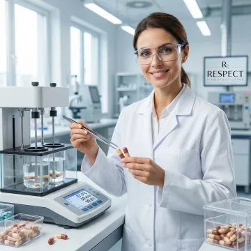 Scientist examining enteric-coated capsules under quality control microscope