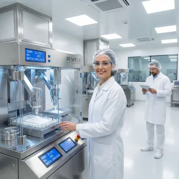 Technicians operating automated capsule filling equipment in clean room environment
