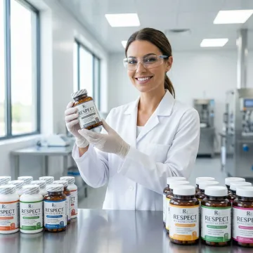 Technician inspecting labeled supplement bottles on production line