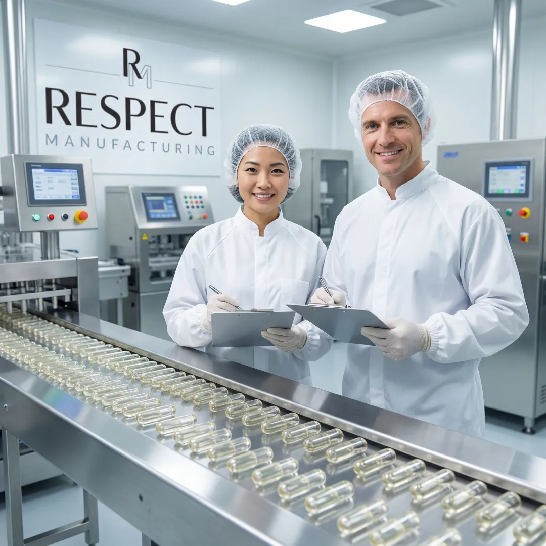 Pharmaceutical-grade liquid-filled hard capsules on production line with quality control equipment