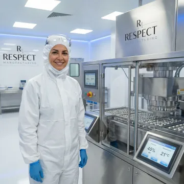 Technician operating humidity-controlled capsule filling system in pharmaceutical cleanroom