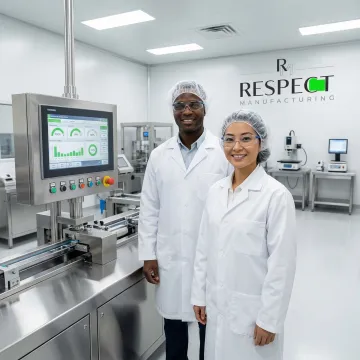 Technicians operating advanced supplement manufacturing equipment in clean room facility