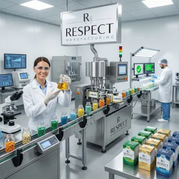 Supplement manufacturing process showing formulation, production, and packaging stages