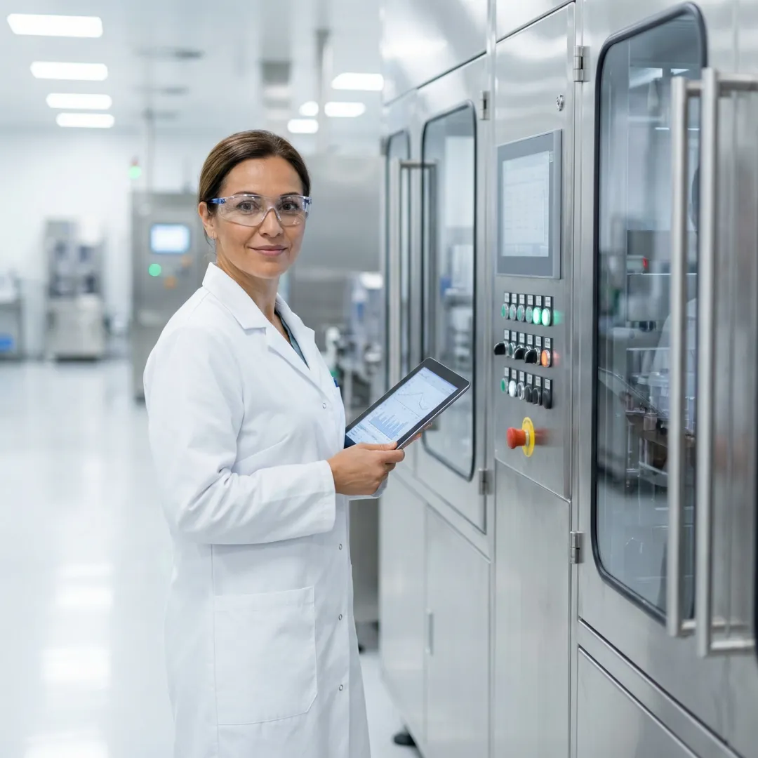 Technician operating automated supplement production line in modern facility
