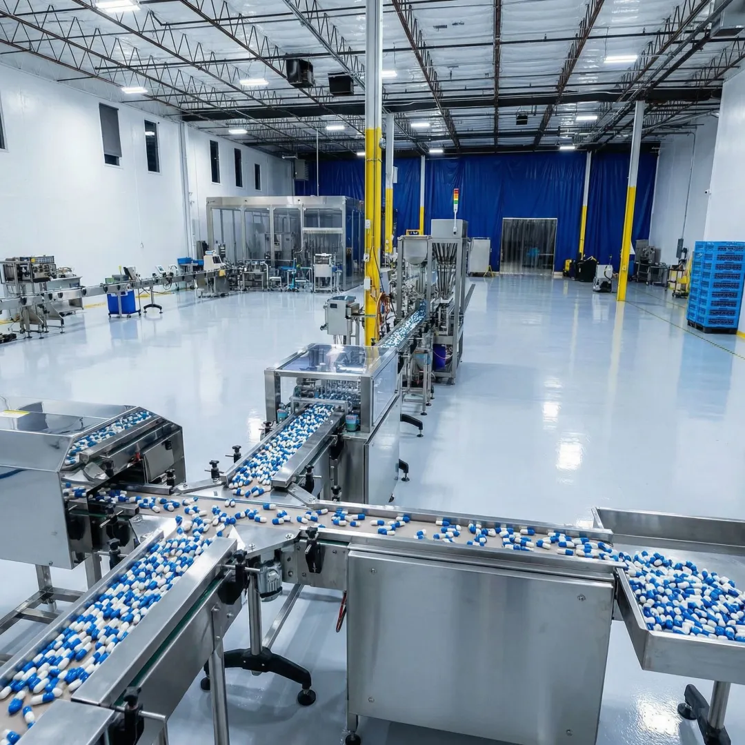Modern pharmaceutical manufacturing facility producing delayed-release capsules with automated equipment