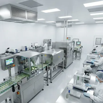 Vegetarian softgel capsules on production line in modern manufacturing facility