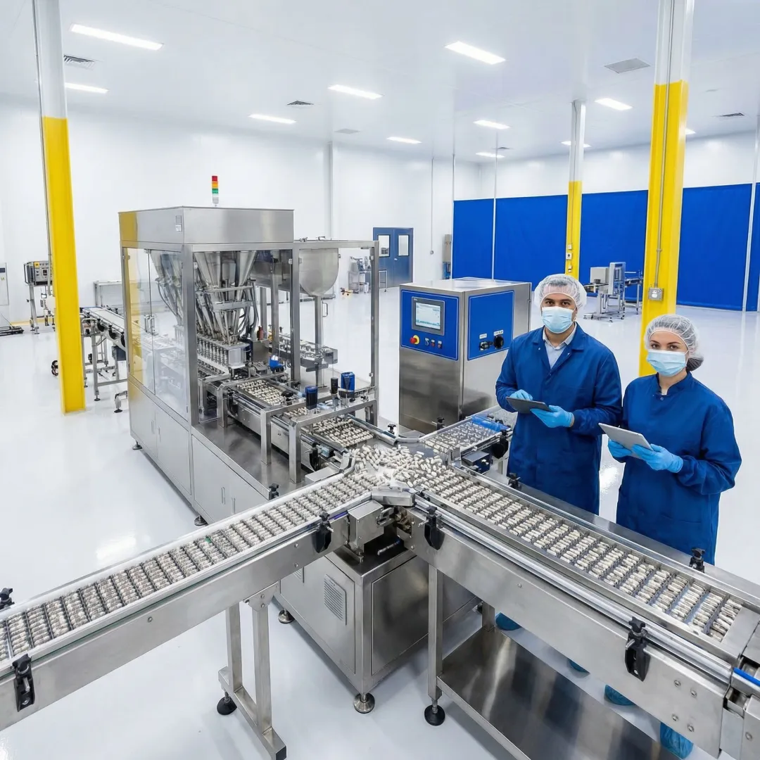 Modern hard capsule manufacturing line filling dietary supplement capsules