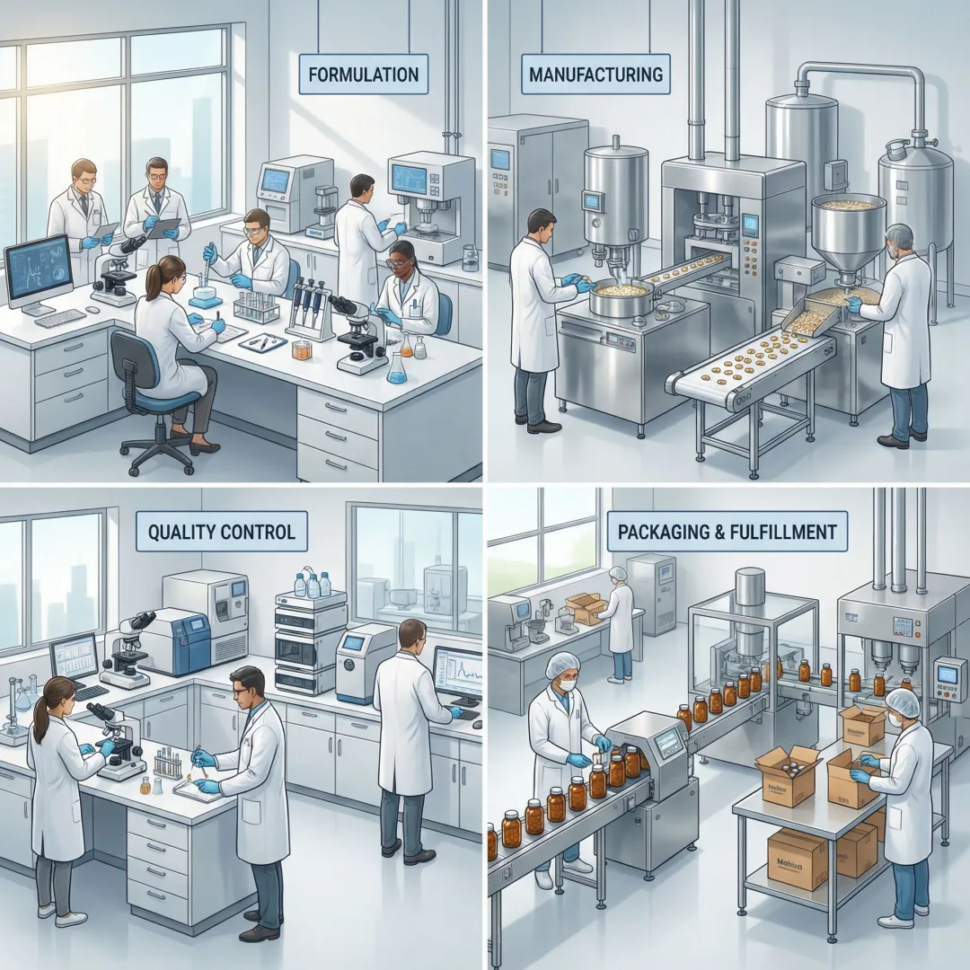 Supplement manufacturing production line showing formulation, testing, and packaging stages