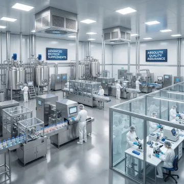 Modern supplement manufacturing facility with automated production lines and quality control systems