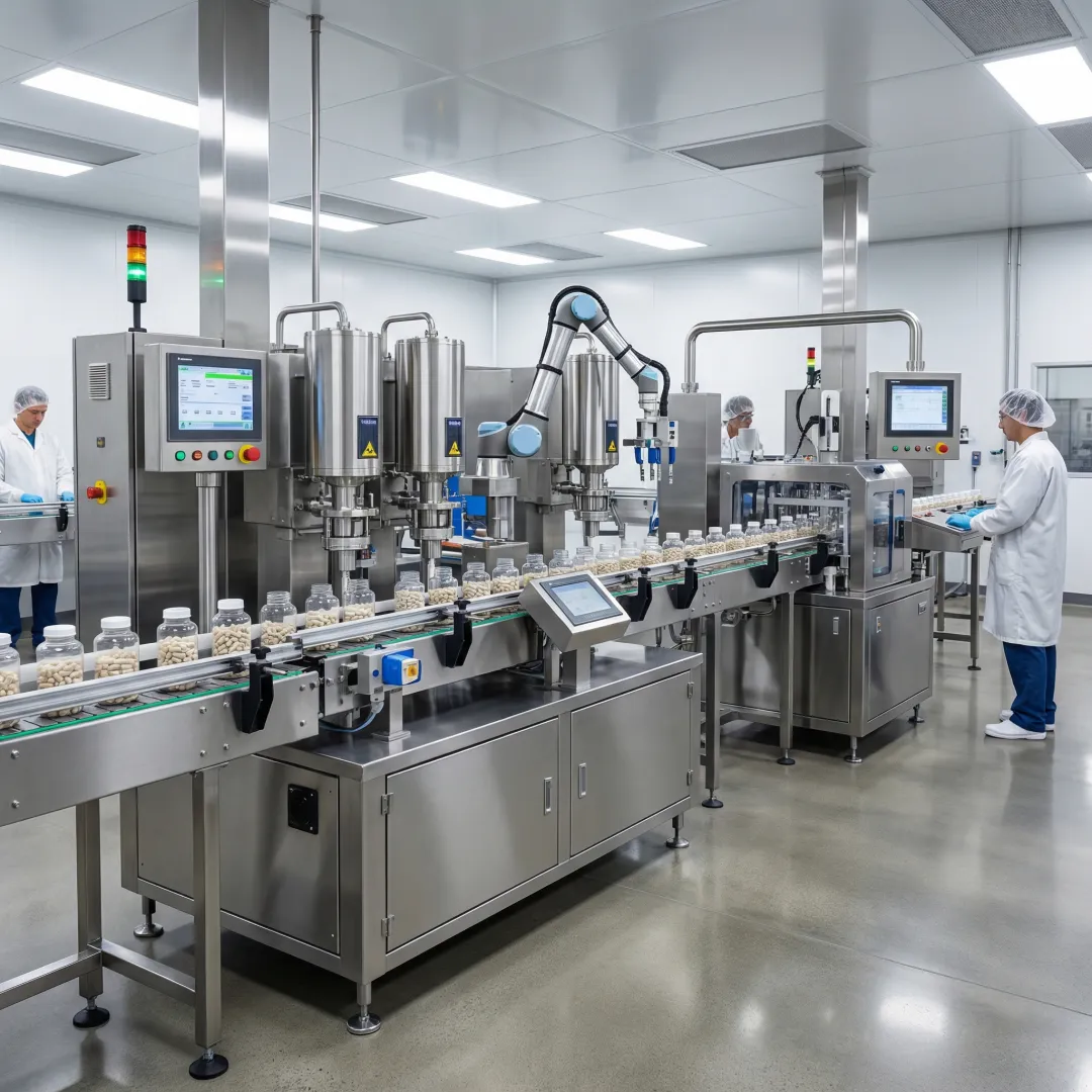 Supplement manufacturing production line with automated filling and packaging equipment