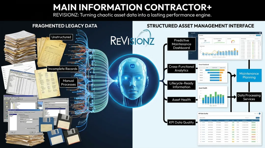 Asset information management dashboard converting unstructured records into lifecycle-ready data