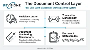 Four core EDMS capabilities including revision control and transmittal management