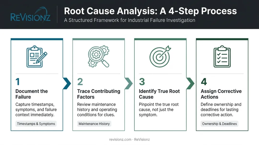 4-step root cause analysis process for equipment failure investigation