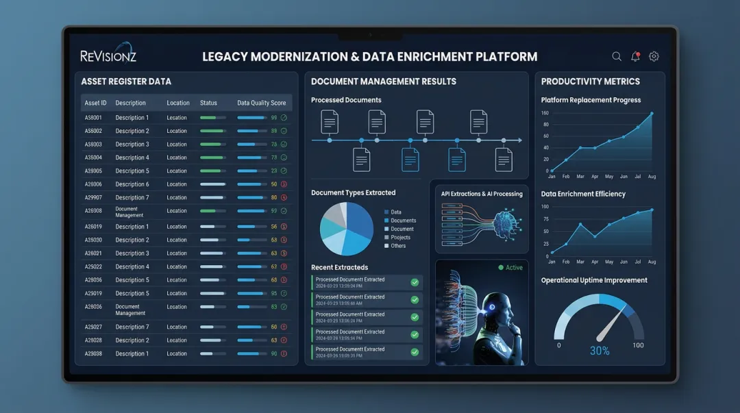 ReVisionz modernization services dashboard showing data enrichment and platform replacement results