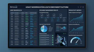 ReVisionz modernization services dashboard showing data enrichment and platform replacement results