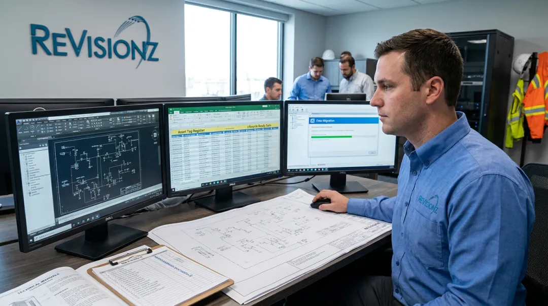 ReVisionz asset data specialist reviewing engineering drawings and migration records