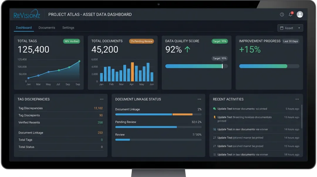 Data quality dashboard showing tag and document consolidation metrics for LNG project