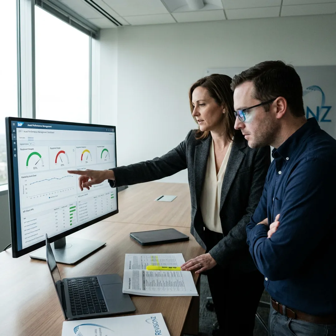 Consultants reviewing asset performance data dashboards
