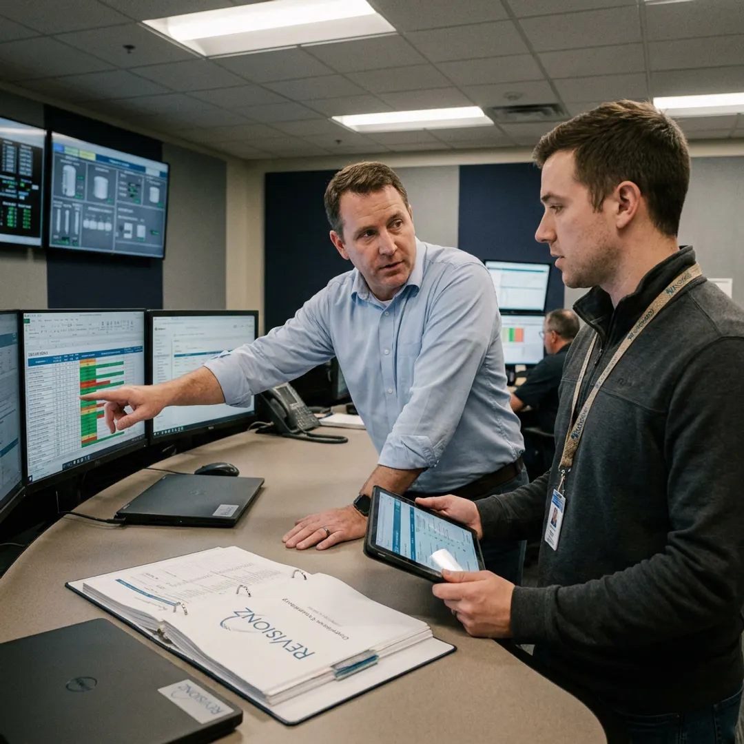Nuclear engineers reviewing digital asset dashboards