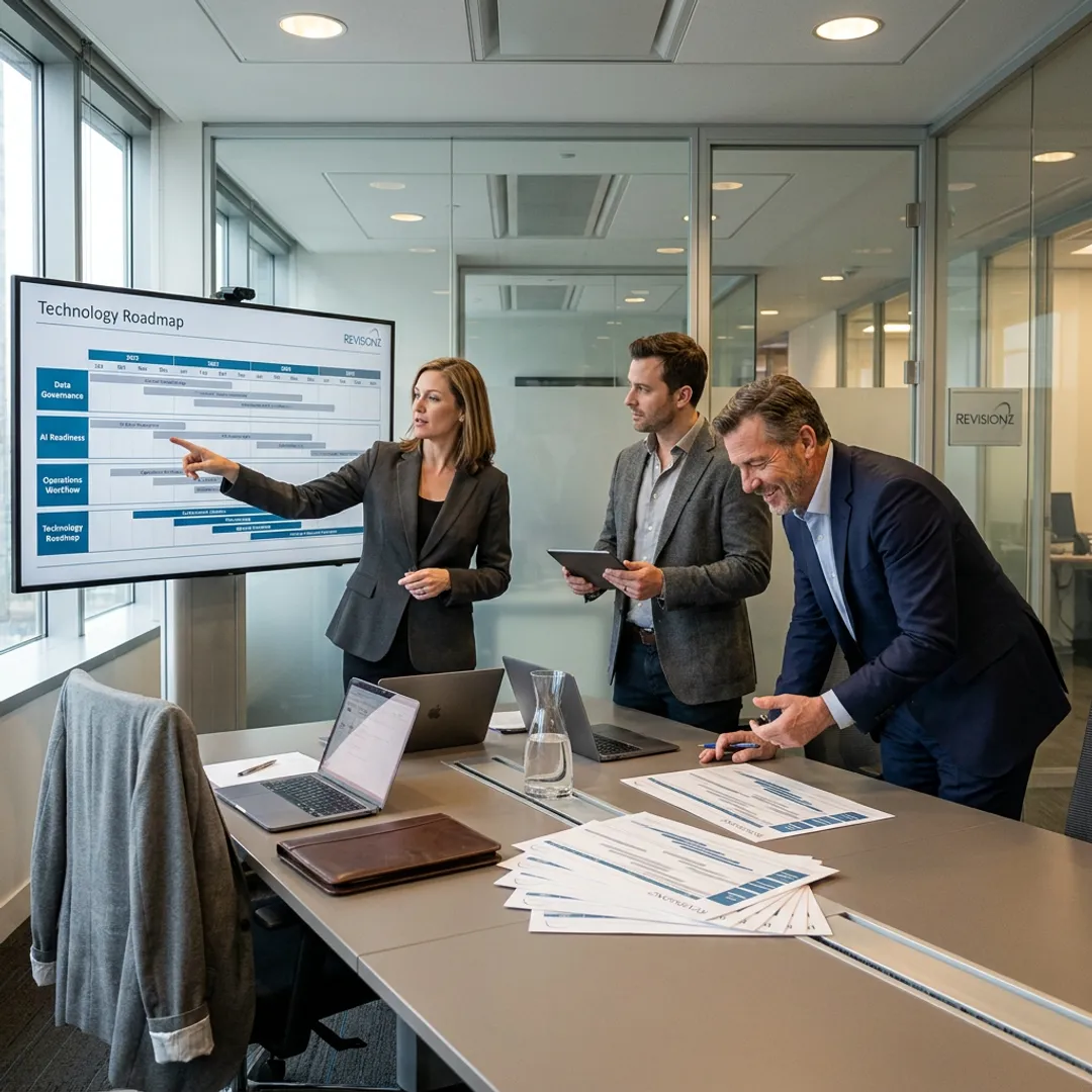 Consultants reviewing enterprise AI and operations roadmap