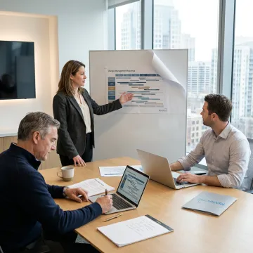 Change management consultants reviewing a digital transformation roadmap