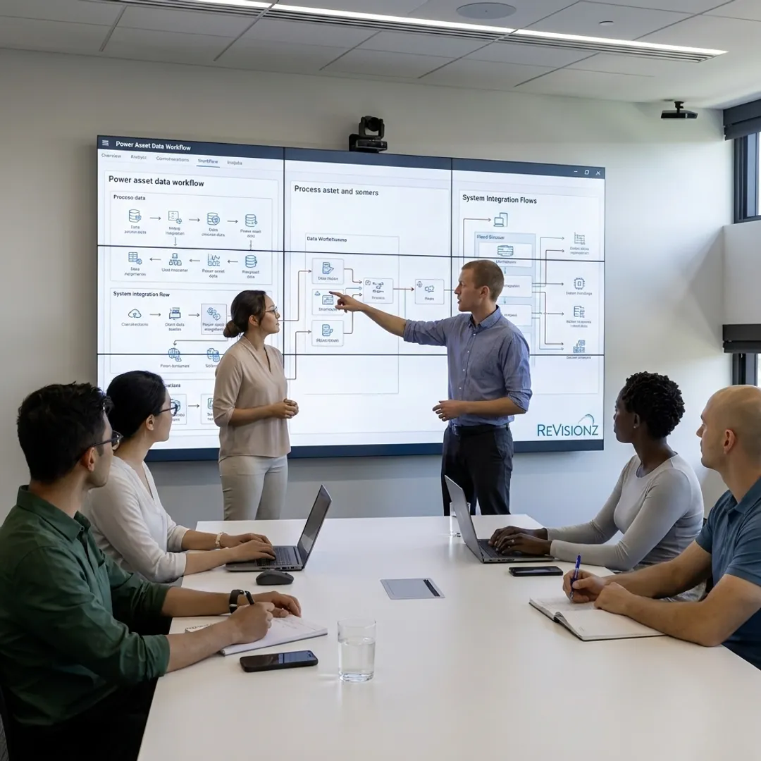 Engineers planning digital asset management workflows