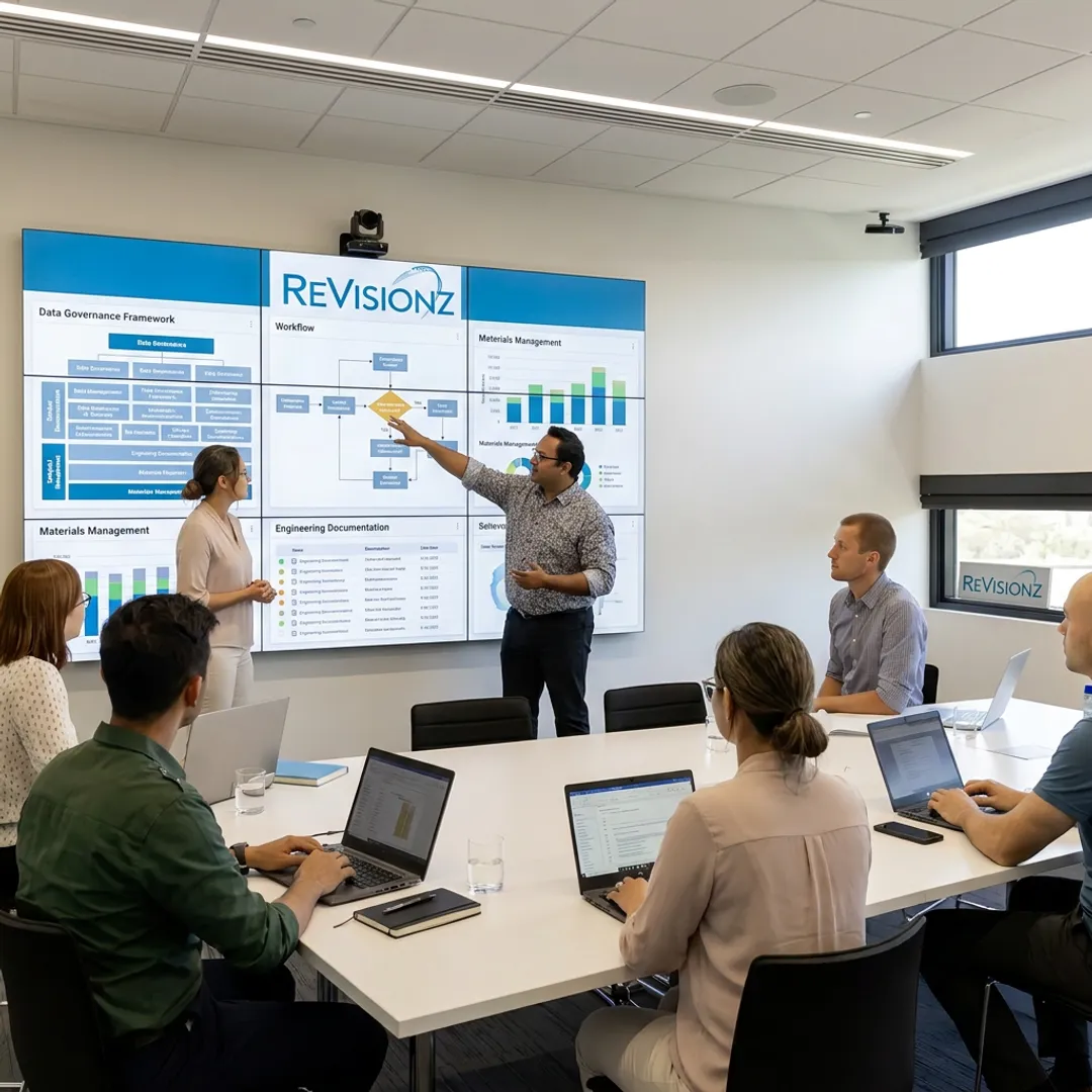 Consultants reviewing industrial data quality dashboard